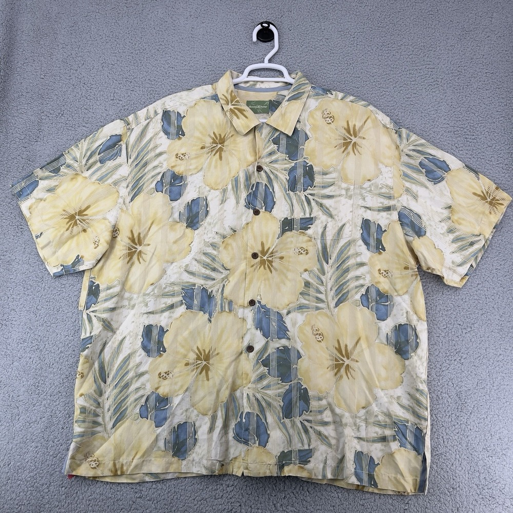 Tommy Bahama Mens Hawaiian‎ Shirt XXL Tall  Off White Linen Silk Floral Pocket